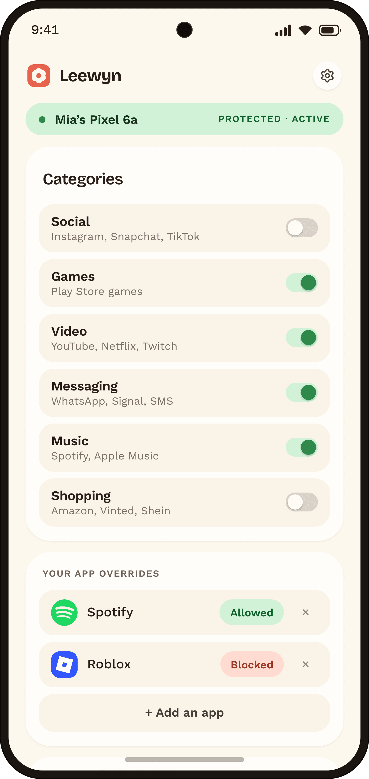 Leewyn parent dashboard on a phone