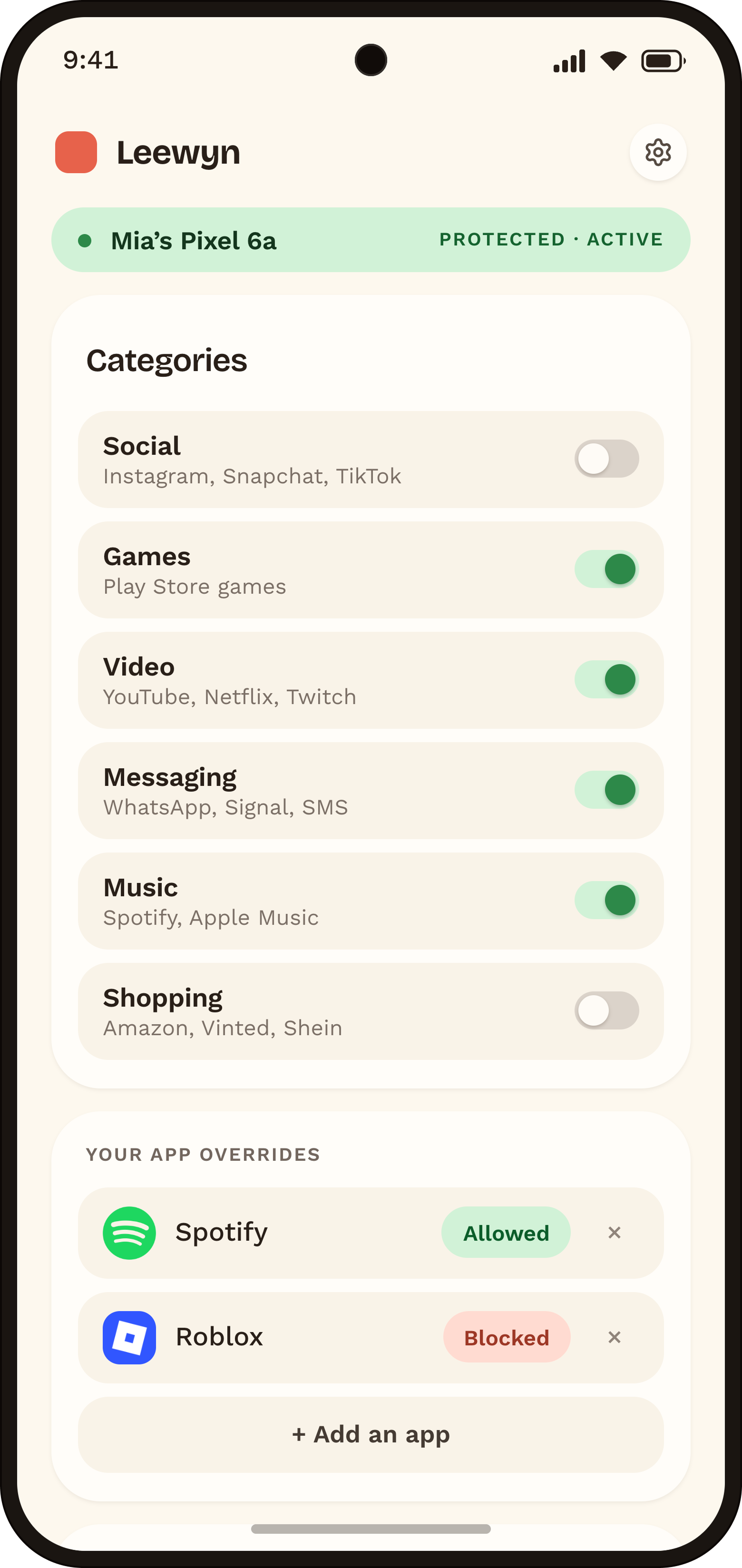 Leewyn parent dashboard on a phone